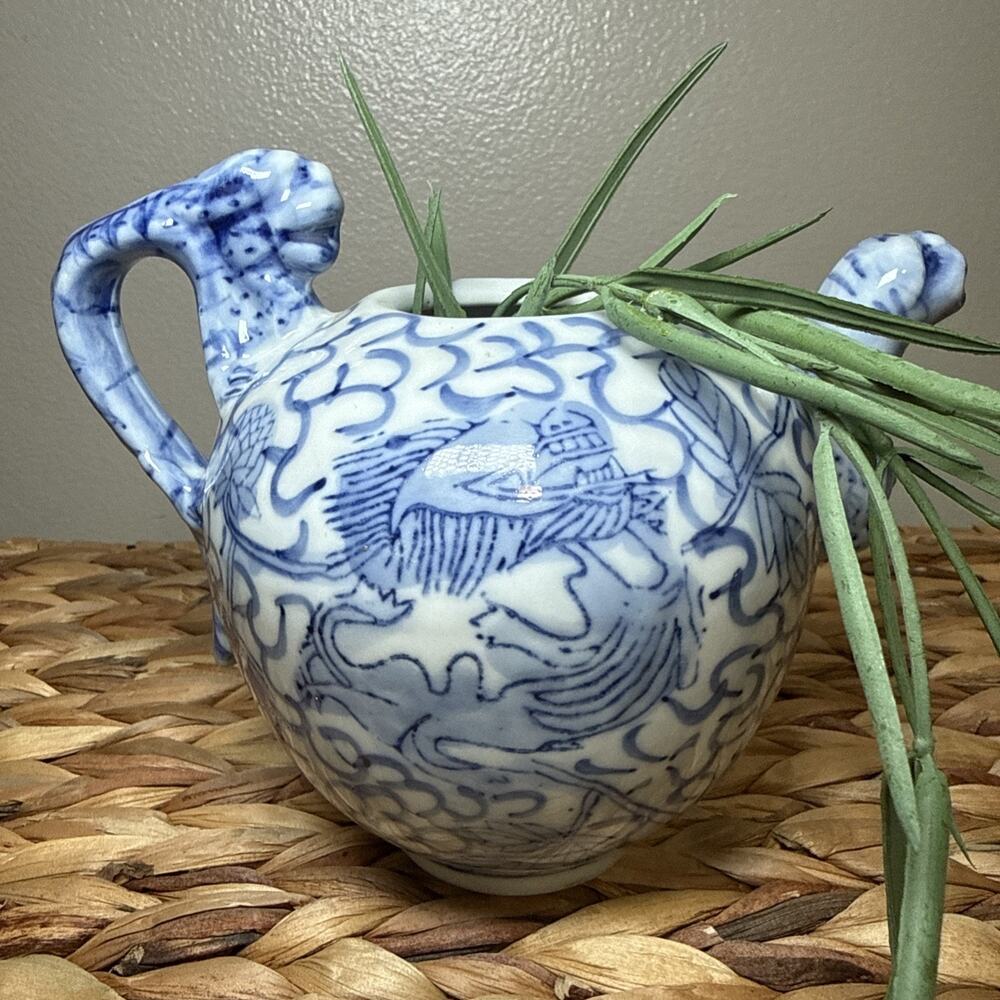 Vintage Chinese Blue White Porcelain Teapot Fish Motif Dragon Handle No Lid